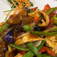 Basil Eggplant · Spicy. Mixed bell peppers, onions, and eggplant in basil sauce.
