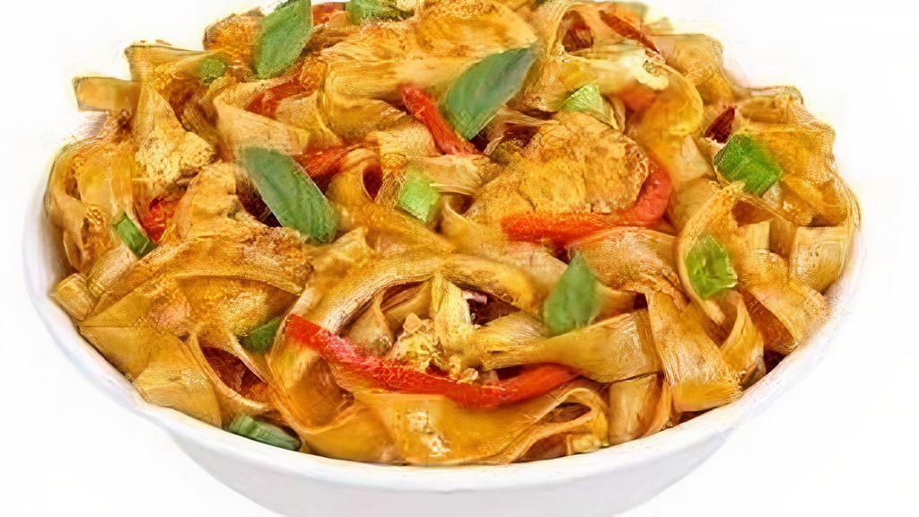 Spicy Drunken Noodles · Steamed white meat chicken, rice noodles, egg, red bell peppers, onions, scallions, garlic and chili paste. Tossed in a savory sweet and spicy sauce with fresh basil.