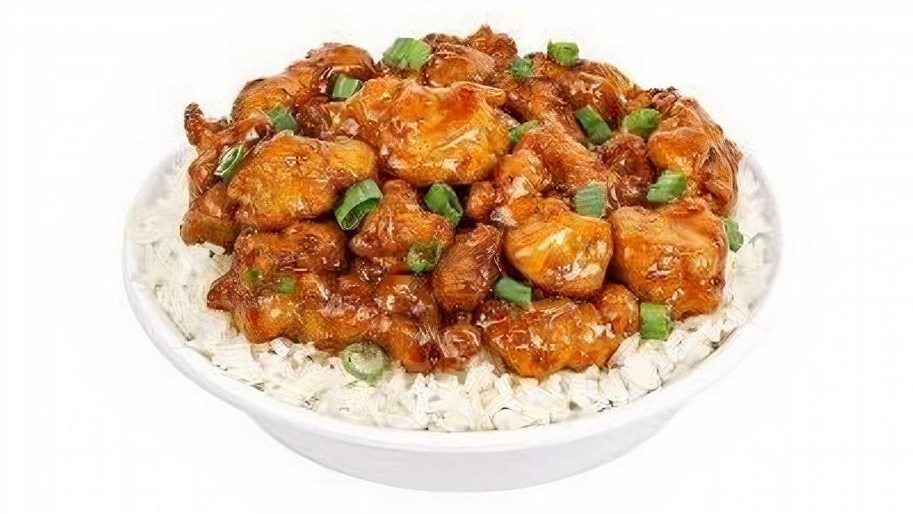 Firecracker Chicken · Crispy chicken, tossed in a sweet and spicy Firecracker sauce. Topped with scallions.