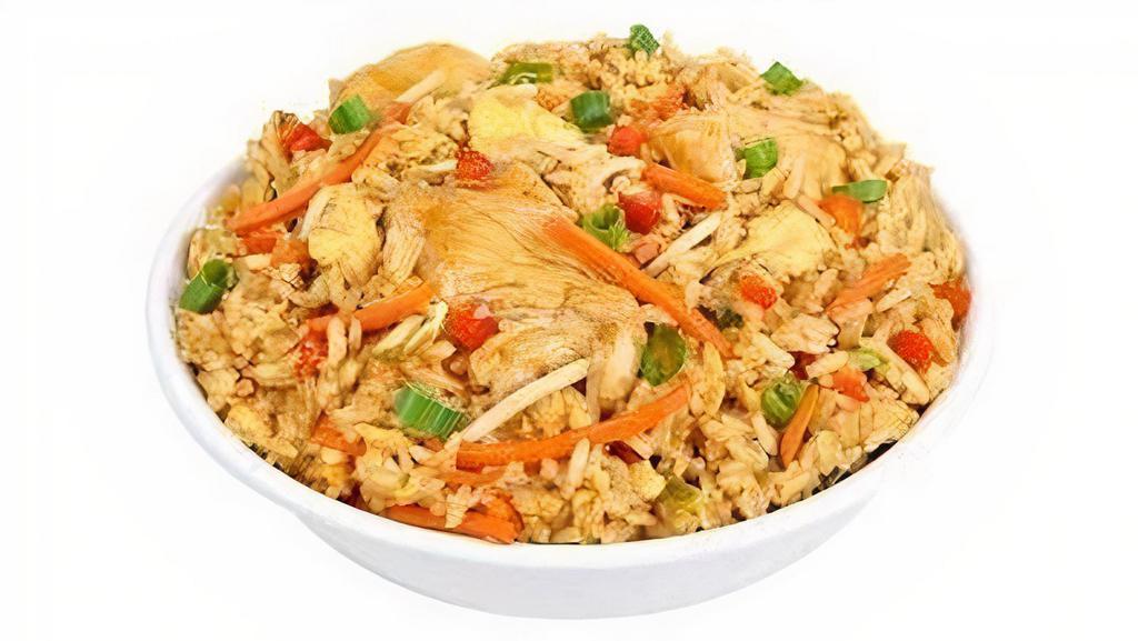 Chicken Fried Rice · Steamed white meat chicken, scallions, egg, red bell peppers, bean sprouts, carrots. Tossed in a savory soy sauce.
