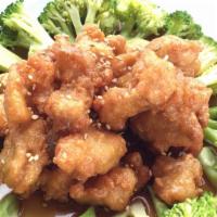 Sesame Chicken · lightly battered chicken with sweet and sour sauce. steamed broccoli topped with sesame seed...