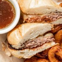 French Dip · Boar's Head roast beef, provolone, hoagie roll, and beef au jus. Add horseradish for an addi...