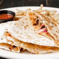 Bbq Quesadilla · Chicken or pulled pork, BBQ sauce, sauteed onions, and cheese blend.