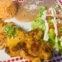 Jefe Plate · grilled chicken, side of mexican rice, refried beans, salad and 3 warm corn tortillas