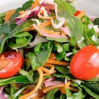 Seasonal Mix Greens · Mixed greens, tomatoes, cucumbers & pickled red onions, served with white balsamic vinaigrette