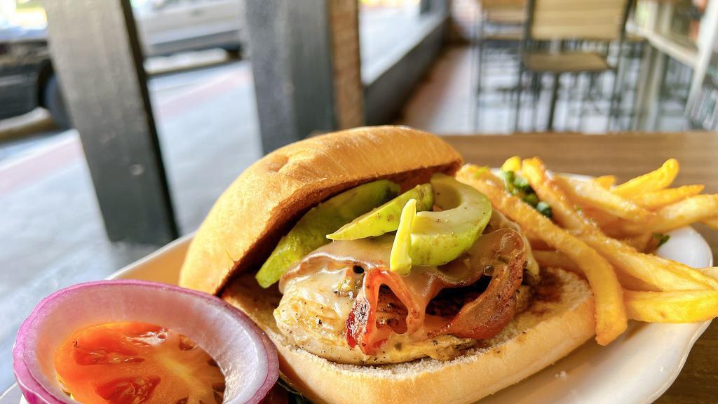 Pollo A La Plancha (Grilled Chicken Breast) · Mojo grilled Chicken Breast topped with Bacon, avocado,grilled mushrooms, pepper jack cheese  and Avocado ranch