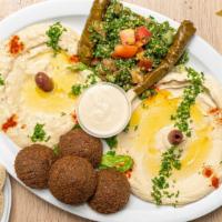 Veggie Platter · 4 falafel pieces, 2 grape leaves (with vegetables), hummus, baba ghanouj, tabbouleh salad an...
