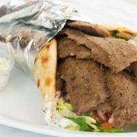 Gyro Lamb Sandwich · Roasted lamb slices with lettuce, chopped tomatoes, onion and tzatziki sauce.