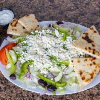 Greek Salad · Romaine lettuce, tomatoes, cucumber, bell peppers, kalamata olives, onion, and Feta cheese. ...