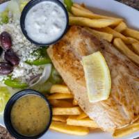 Mahi Platter · Grilled fresh mahi fillet served with  Greek salad, pita bread, tzatziki and choice of rice ...