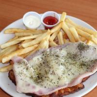 Milanesa Napolitana & French Fries · Breaded Steak or Chicken with Tomato Sauce, Ham, and Cheese, and an order of French Fries.