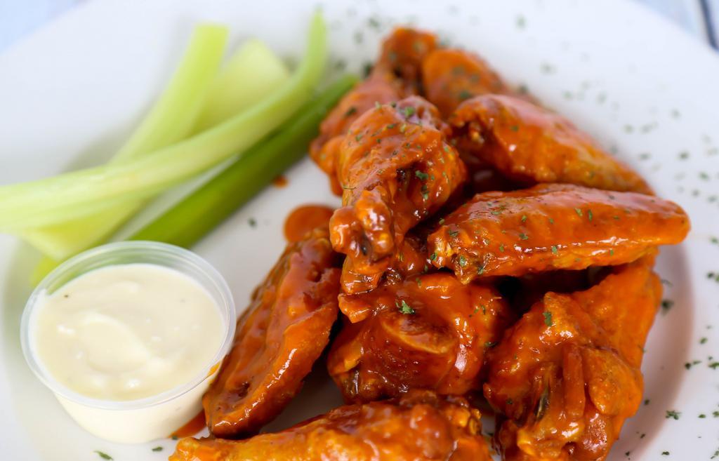 Chicken Wings (10) · Includes blue cheese and celery. Choice of plain, medium, hot , BBQ, garlic.