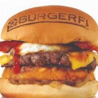 Breakfast All Day Burger · All-Natural Angus Beef Free of Hormones, Steroids, and Antibiotics, Bacon, American Cheese, ...