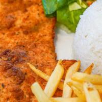 Milanesa De Pollo · Pounded chicken breast, lightly breaded, and deep fried. Served with white rice, French frie...