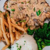 Pechuga Con Champinones · Grilled chicken breast 10 oz, topped with mushroom sauce. Served with white rice, French fri...