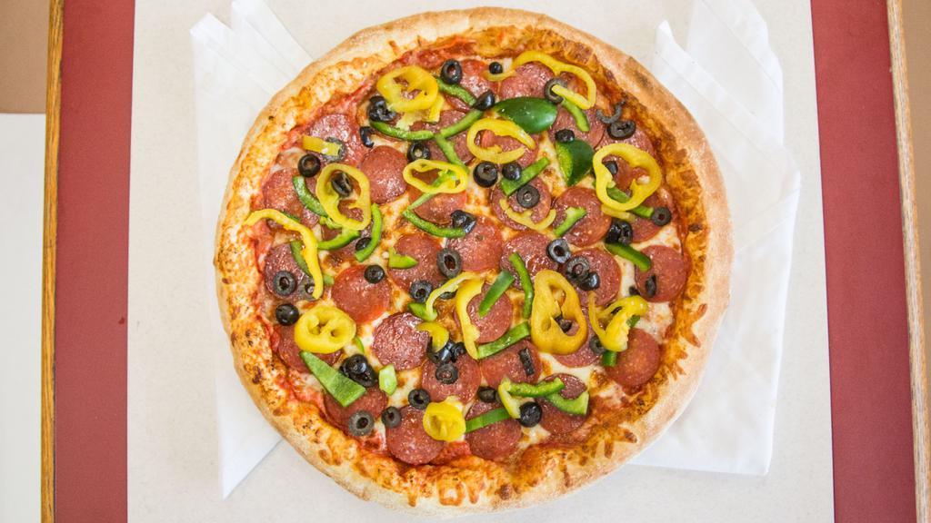 Supreme · Pepperoni, sausage, green peppers, mushrooms, onion, cheese.