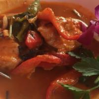 Panang Curry Lunch · Mild spicy, gluten-free. Kaffir lime leaf-infused Panang curry with basil, bell peppers, fis...