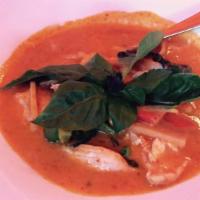 Red Curry Lunch · Medium spicy, gluten-free. Thai traditional red curry with bamboo shoots, green peas, basil,...
