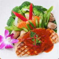 Grilled Salmon · Medium spicy, contain shellfish. Grilled Atlantic salmon with sautéed mixed vegetables, mush...