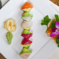 Rainbow Roll · Crab stick, assorted fish, cucumber, avocado.

May contain raw or undercooked ingredients.