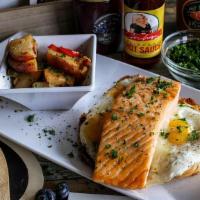 Salmon, Egg, & Cheese Croissant · Pan-seared salmon, egg, cheese, on a flaky butter croissant, with choice of French fries or ...