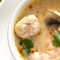 Tom Yum Kung · Lightly garnished with shrimp, cilantro, mushrooms & scallions