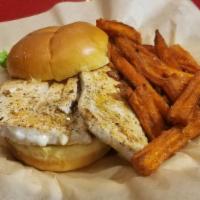 Dogfish Fish Sandwich · Atlantic mahi-mahi prepared grilled, blackened, or fried and served with Lucky's tartar sauce.