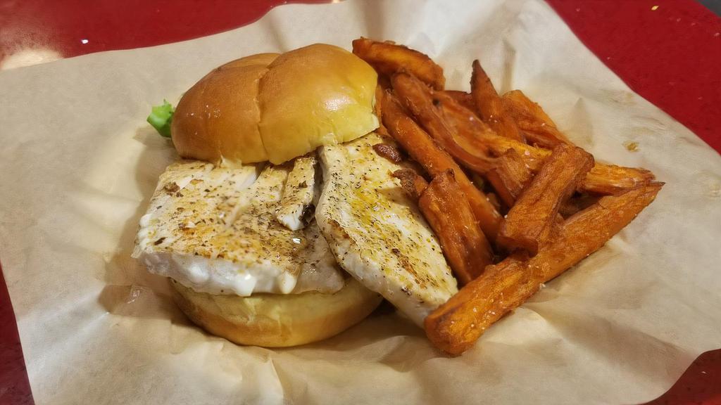 Dogfish Fish Sandwich · Atlantic mahi-mahi prepared grilled, blackened, or fried and served with Lucky's tartar sauce.