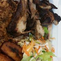 Jerk Chicken · Choose between lunch special (smaller portion) or full dinner. both come with rice & peas (c...