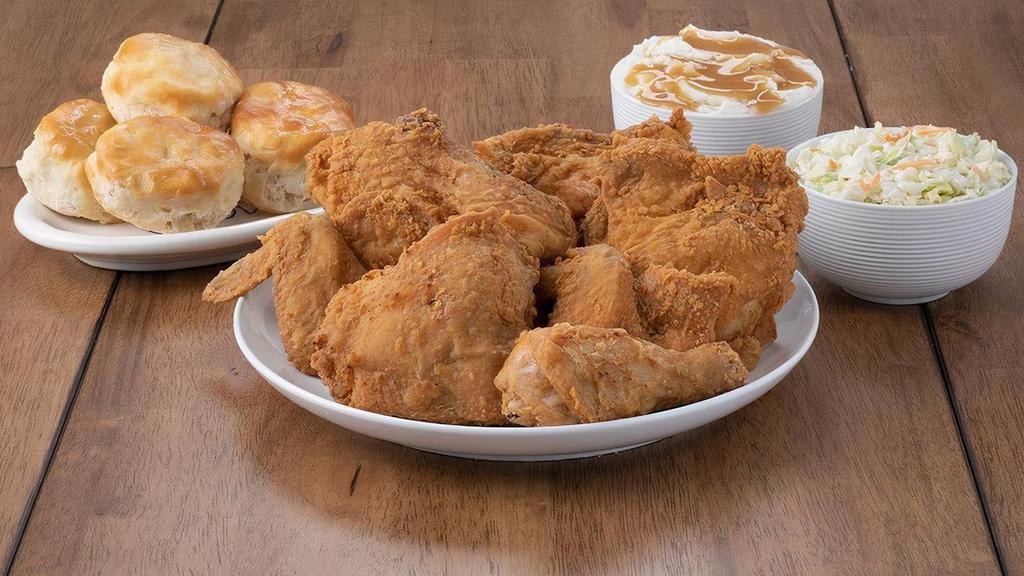 8 Piece Meal · Meal includes 2 Thighs, 2 Legs, 2 Breasts, & 2 Wings. Or 8 Breast Strips and 3 dipping sauces. Meal also includes 2 Large Sides and 4 Biscuits.