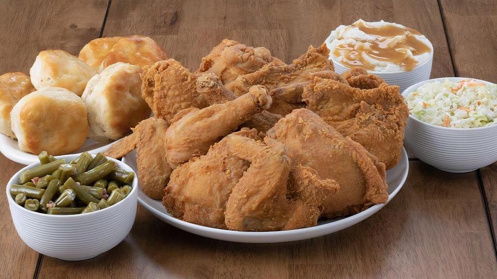 12 Piece Meal · Meal includes 3 Thighs, 3 Legs, 3 Breasts, & 3 Wings. Or 12 Breast Strips and 4 dipping sauces. Meal also includes 3 Large Sides and 6 Biscuits.