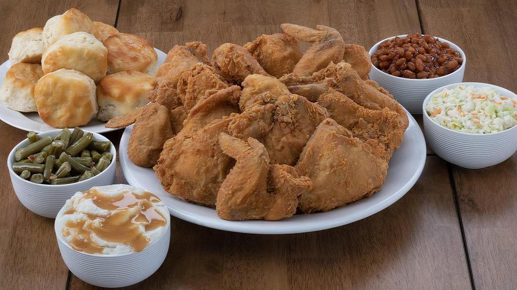 16 Piece Meal · Meal includes 4 Thighs, 4 Legs, 4 Breasts, & 4 Wings. Or 16 Breast Strips and 5 dipping sauces. Meal also includes 4 Large Sides and 8 Biscuits.