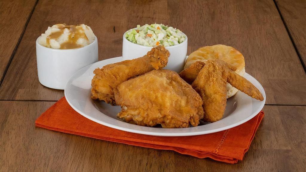 3 Piece Leg, Thigh & Wing Meal · Includes 2 Sides and a Biscuit.