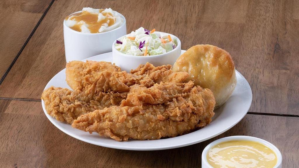 3 Piece Breast Strip Meal · Includes 2 Sides, 1 dipping sauce and a Biscuit.