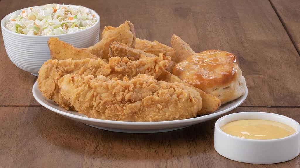 2 Piece Breast Strip Meal · Includes 2 Sides, 1 dipping sauce and a Biscuit.
