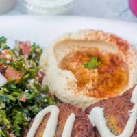 Falafel Platter · Vegetarian. Four falafel, tabbouleh salad, and hummus dip.