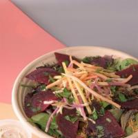 Pink'Ish · made of roasted beets, mixed greens, warm rainbow root vegetables, pistachio, garden tahini,...