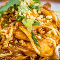 #T68. Pad Thai · Rice noodles sautéed with shrimp and chicken in Pad Thai sauce, garnished with bean sprouts ...