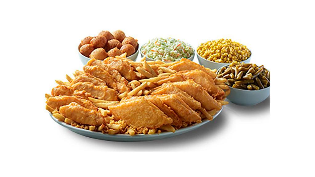 16 Piece Family Meal · 16 pieces mix and match fish/chicken, four family size sides, and 16 hushpuppies.