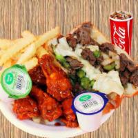 5 Pcs Wings & Philly · Steak or chicken. Bleu cheese. Fries and drink.
