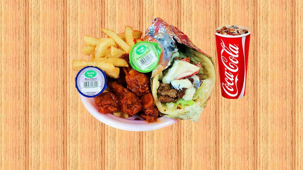 5 Pcs Wings & Gyro · Regular or chicken gyro, Bleu cheese, fries, and drink.