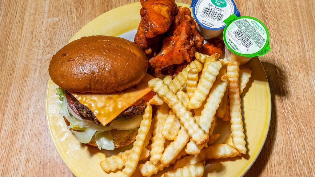 5 Pcs Wings & Burger · Bleu cheese, fries, and drink.