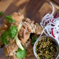 Thai Chicken Kara’Age · Fried Chicken / Thai Herbs + Spicy’s / Spicy Aioli.