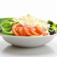 Greek Salad · Crisp lettuce, feta, cucumber, tomato, banana pepper, green pepper, kalamata olives, onion a...