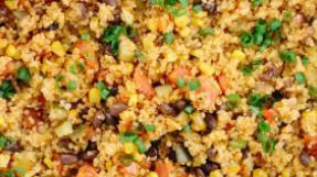 Spicy Quinoa · Quinoa, black beans, tofu, onions, green and red peppers.