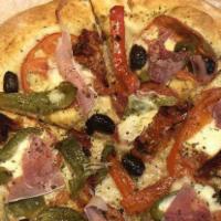 Romana Pizza · Sliced Tomatoes, Fresh Mozzarella, Kalamata Olives, Sundried Tomato, Peppers, Prosciutto & P...