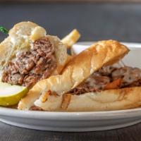 Bookmaker · Shaved boar's head roast beef with caramelized onions and provolone cheese on a toasted bagu...