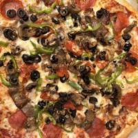 Supreme Pizza · Pepperoni, Sausage, Green Peppers, Fresh Mushrooms, Black Olives