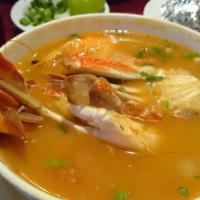 Caldo De Guachinango · Red snapper soup and served with tortillas.