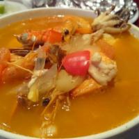 Caldo De Camarones Enteros · Whole shrimps soup and served with tortillas.